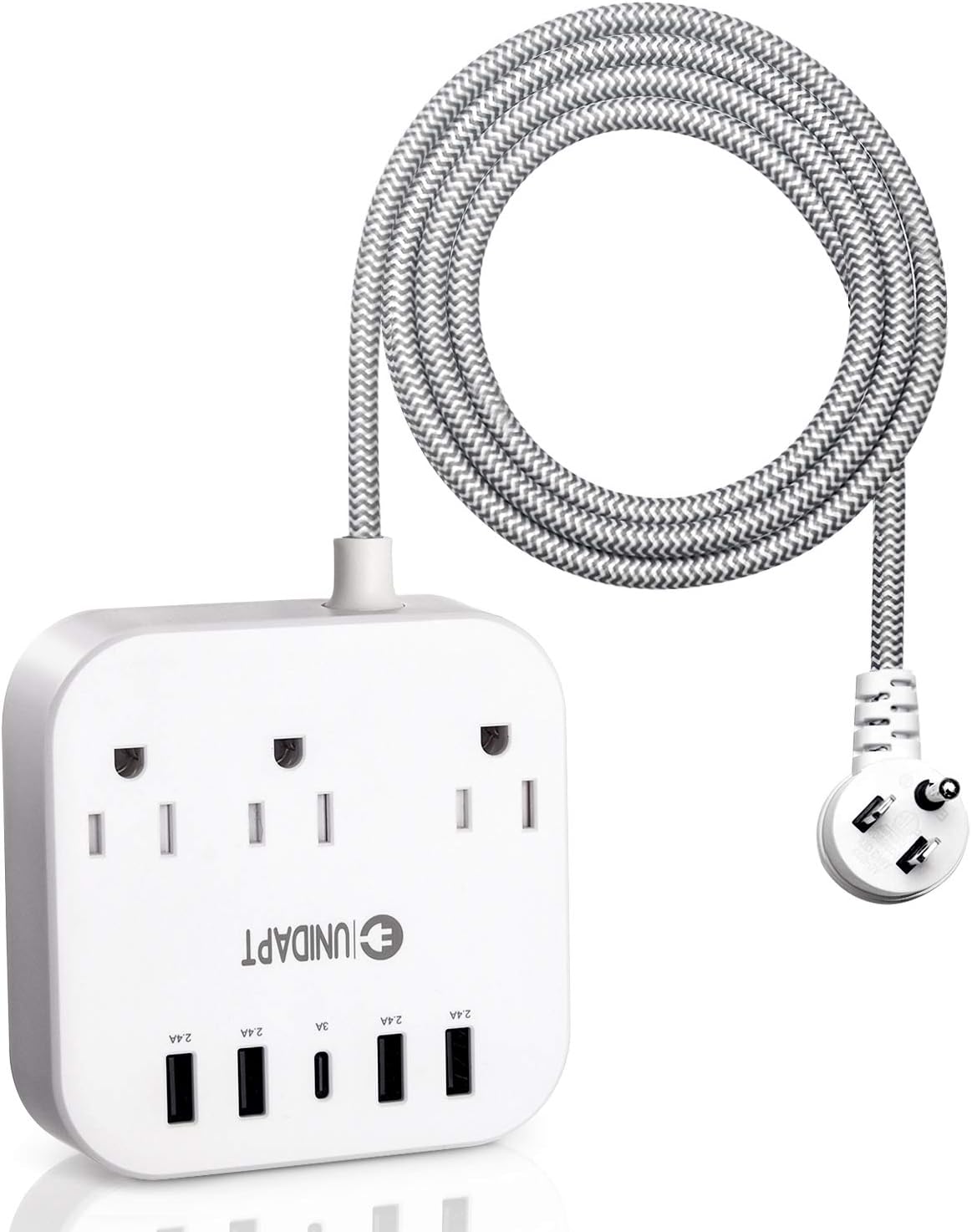 Unidapt Power Strip with USB C, 3 Outlets 5 USB Ports (25W/5A) Desktop Charging Station, Flat Plug, 5ft Braided Extension Cord, Non Surge Protector for Travel, Cruise Ship, Home & Office