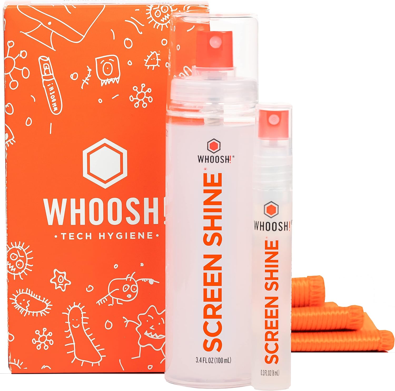 WHOOSH! Screen Cleaner Kit – [3.4oz +0.8oz] Best for – Smartphones, iPhone, iPads, Eyeglasses, e-Readers, Laptop, TV Screen Cleaner, and Computer Monitor– 3 Premium Cloths Included