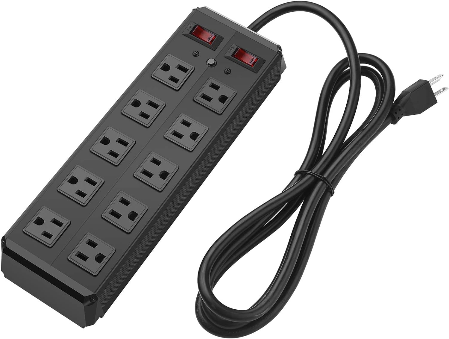 HHSOET Heavy Duty Metal Surge Protector with 10 Outlets, Shop, Workbench, Garage Wall-Mounted Power Strip with 6 FT SJT 3/C 14AWG, with 2 Individual Switches 15A 125V 1875W.