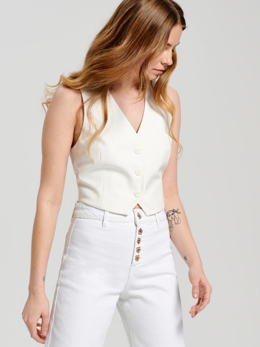 Jeansy cropped high waist Kolor kremowy  2085F-01J