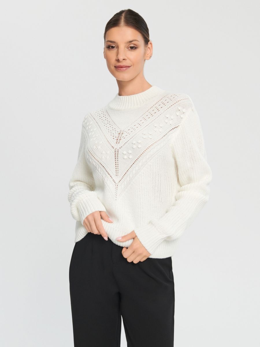 Sweter z ozdobnym splotem Kolor kremowy  7414J-01X