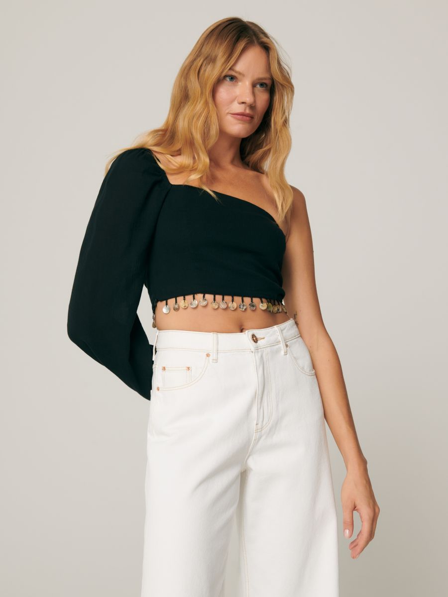 Jeansy cropped high waist Kolor kremowy  QA495-01J