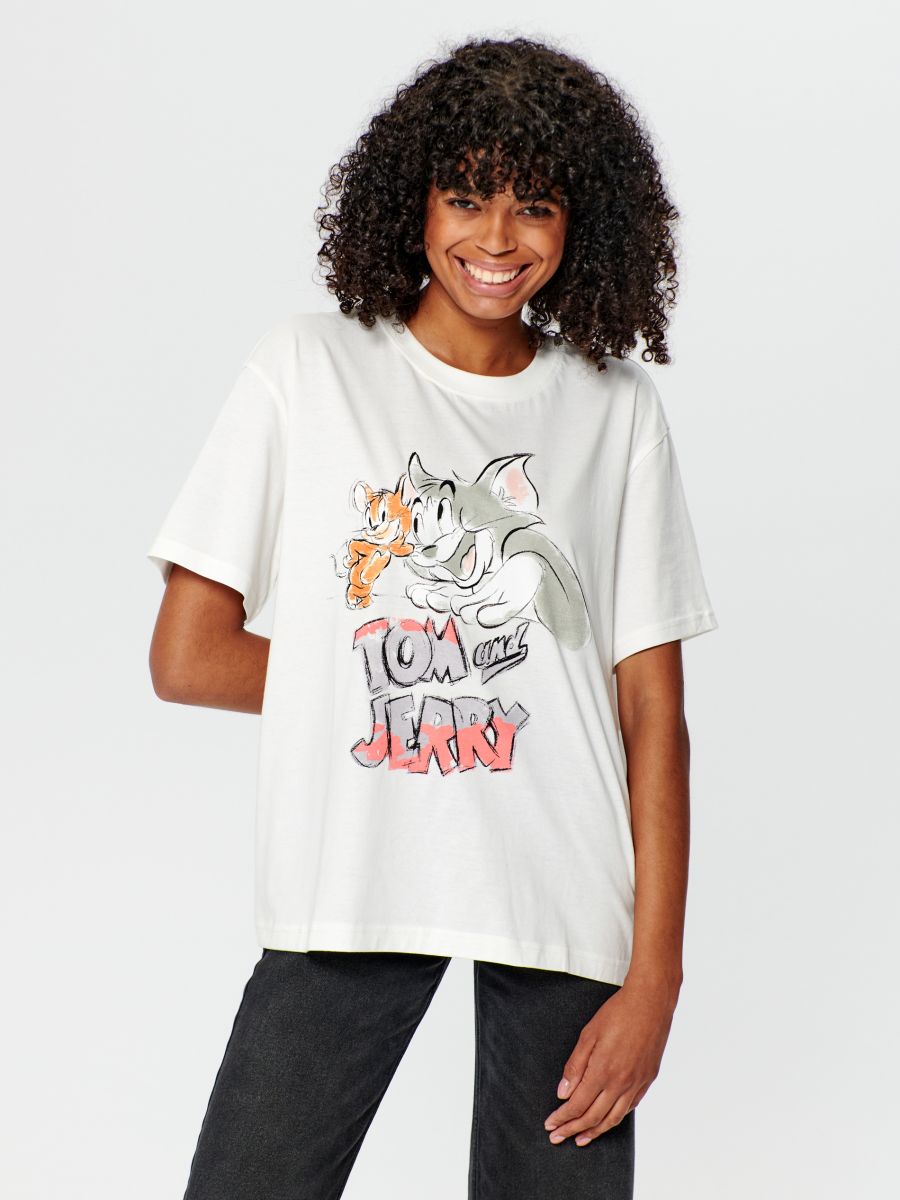 Koszulka z nadrukiem Tom i Jerry Kolor kremowy  7695A-01X