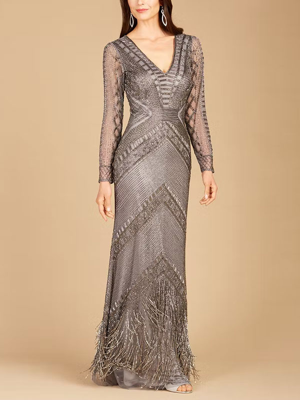 V-neck long-sleeved tassel evening ladies dress