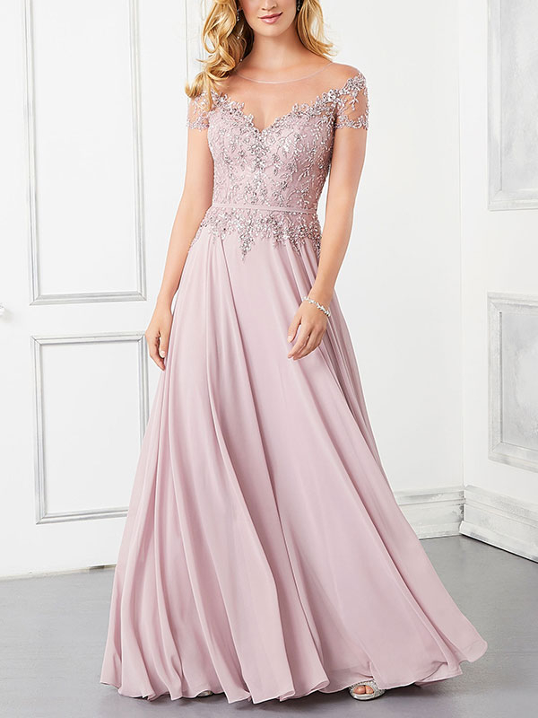 A-Line Evening Gown with Crystal Beading on Lace Bodice with Chiffon Dress