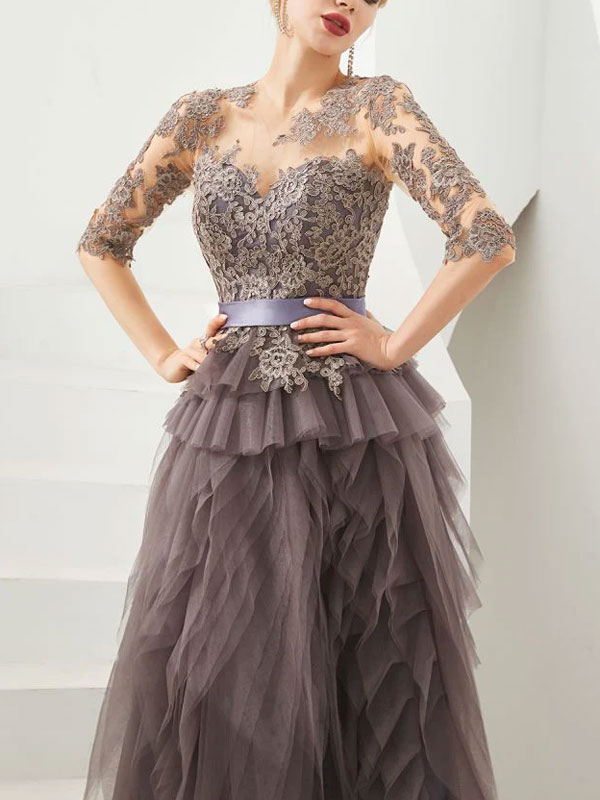 Half Sleeves Floral lace Prom Dress Fur Floor Length Evening Party Dress