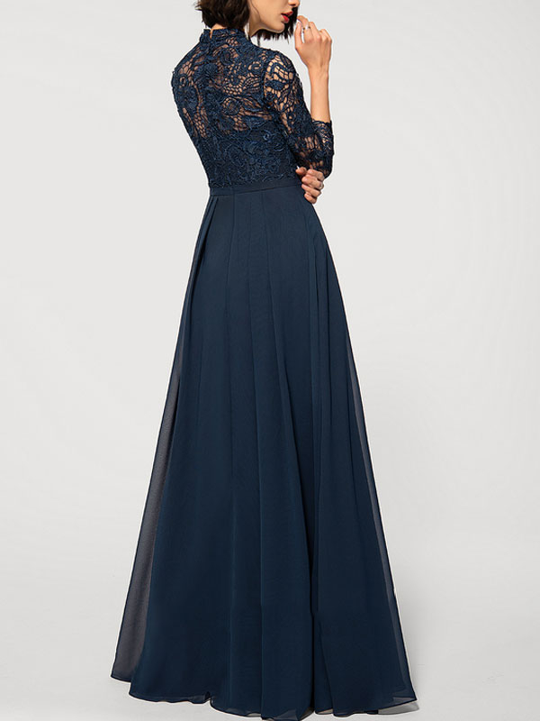 A-Line High Neck Floor-Length Chiffon Lace Evening Dress
