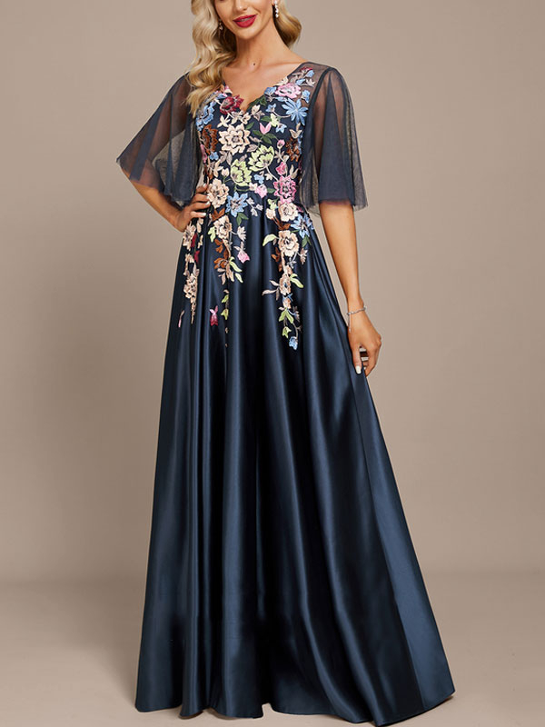 A-Line V-neck Floor-Length Satin Lace Evening Dress