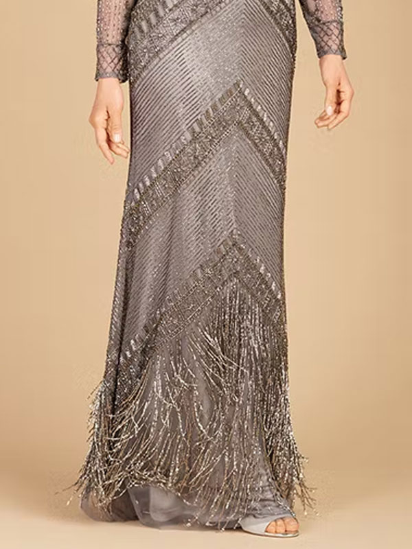 V-neck long-sleeved tassel evening ladies dress