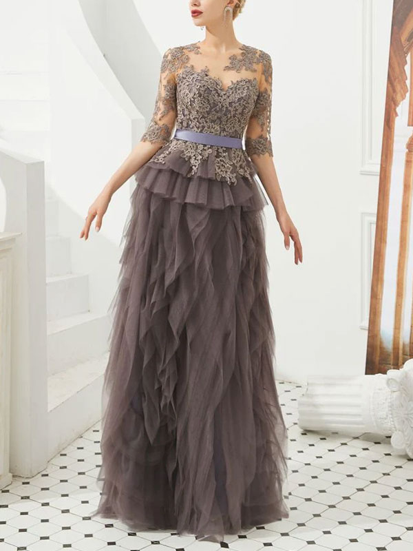 Half Sleeves Floral lace Prom Dress Fur Floor Length Evening Party Dress