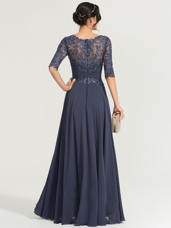 Round neck and floor-length chiffon sequined evening dress