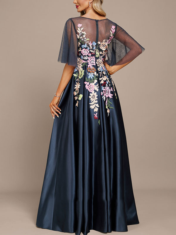 A-Line V-neck Floor-Length Satin Lace Evening Dress