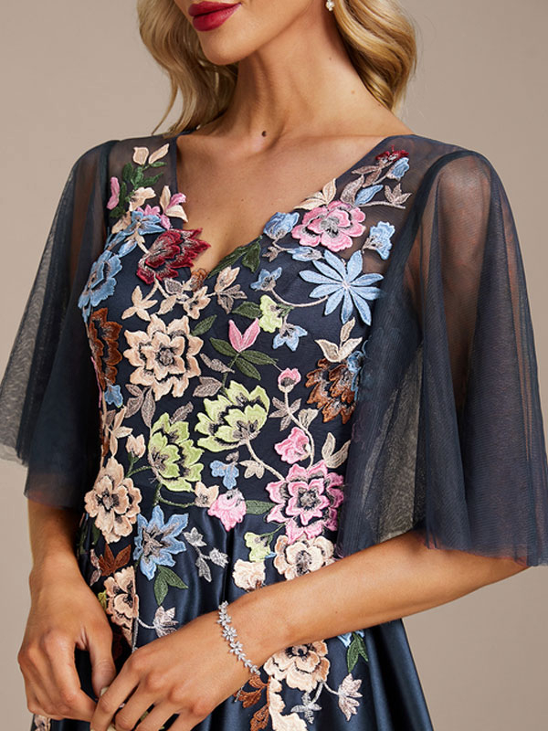 A-Line V-neck Floor-Length Satin Lace Evening Dress