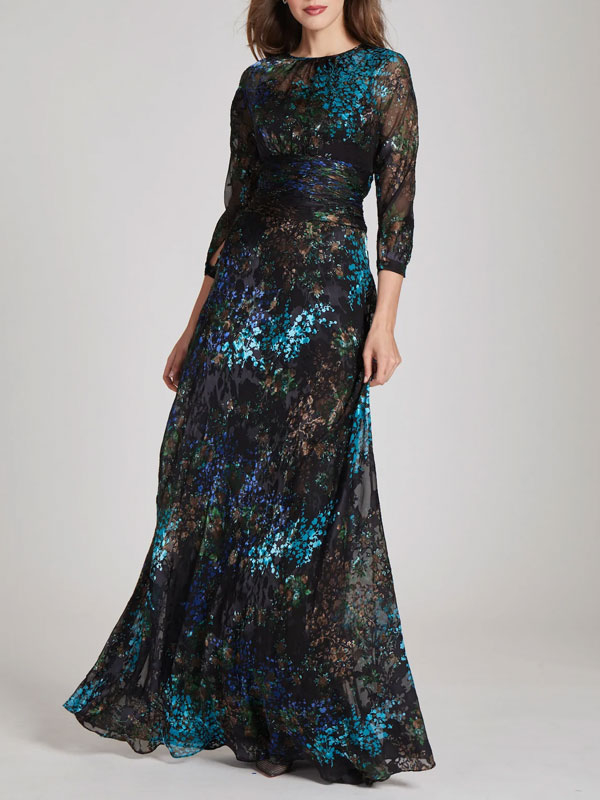 Sequin Mesh Formal Evening Dress Floral High Neck
