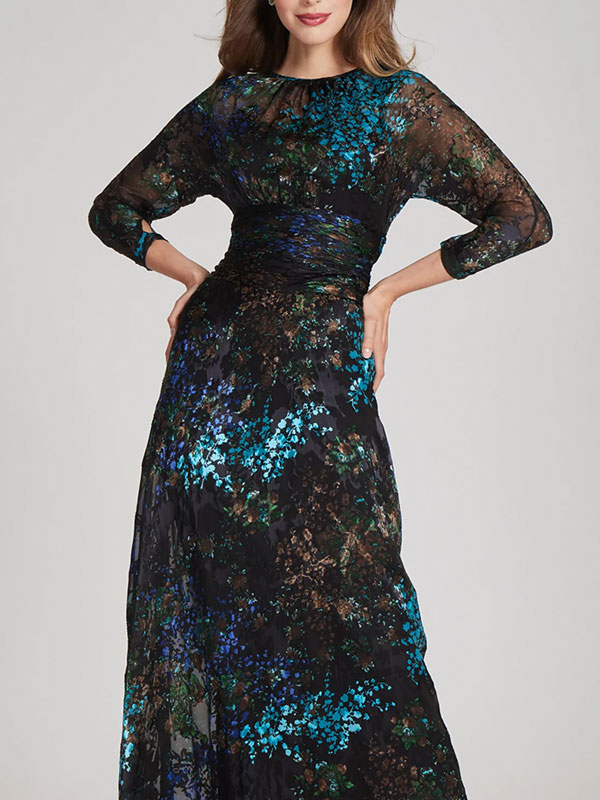 Sequin Mesh Formal Evening Dress Floral High Neck