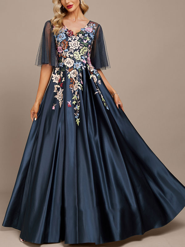 A-Line V-neck Floor-Length Satin Lace Evening Dress