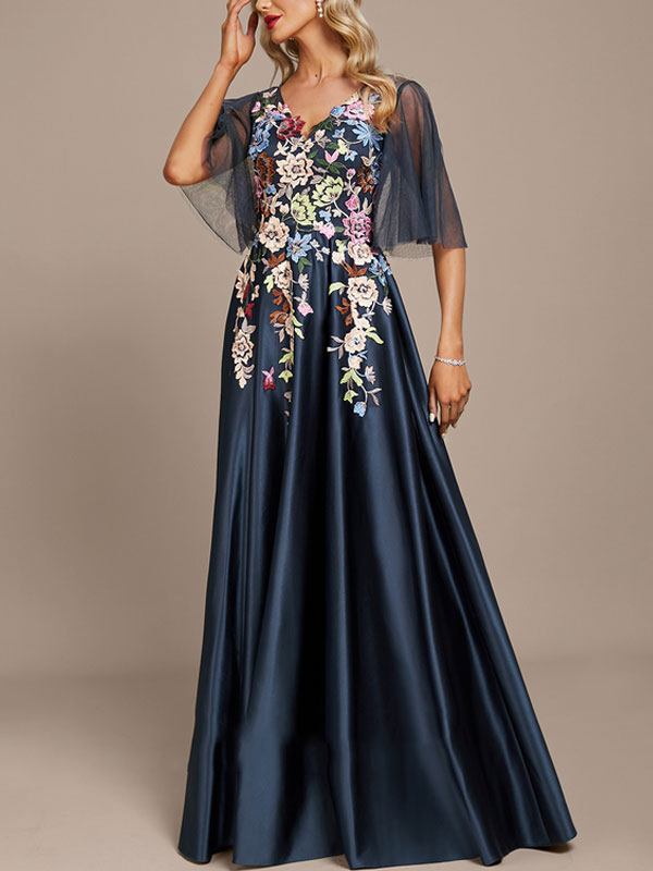 A-Line V-neck Floor-Length Satin Lace Evening Dress