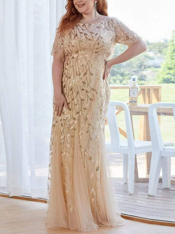 Floral Sequin Print Plus Size Mermaid Tulle Evening Dress