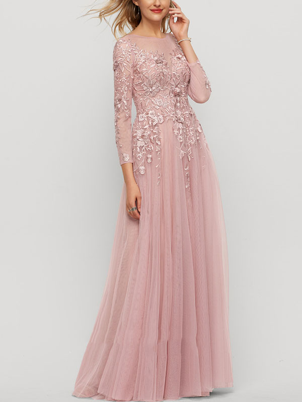 A-Line Scoop Neck Floor-Length Tulle Evening Dress