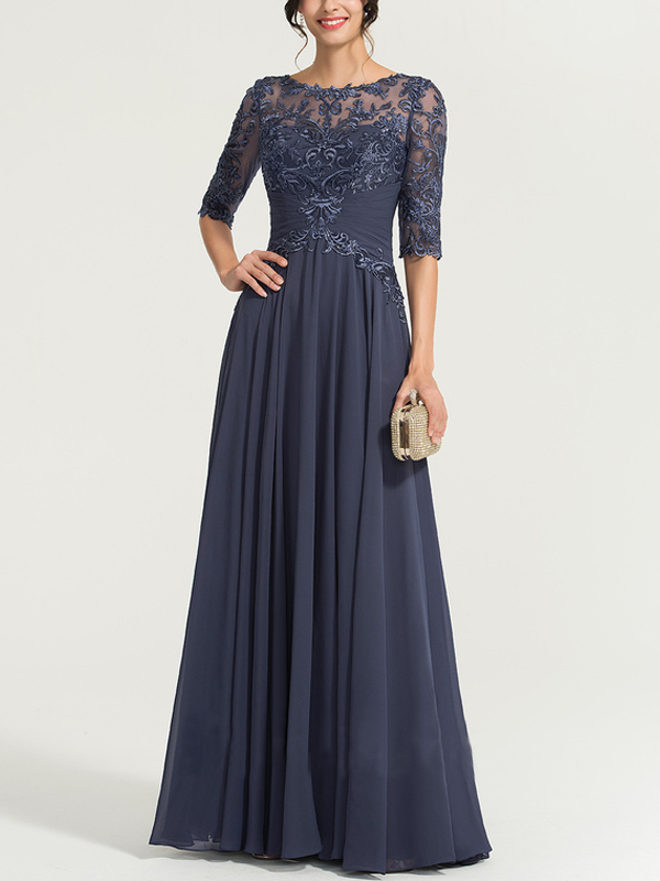 Round neck and floor-length chiffon sequined evening dress