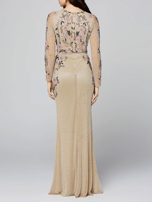 Long Sleeve Beaded Formal Evening Dress Floral High Neck