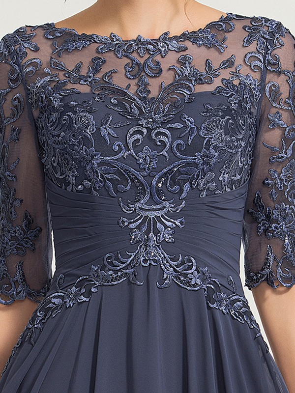 Round neck and floor-length chiffon sequined evening dress