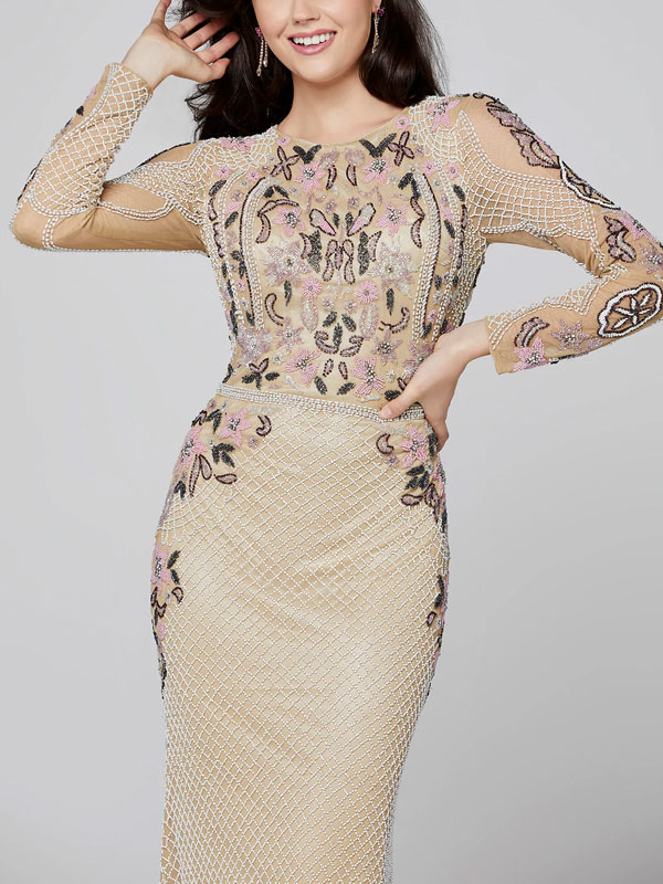 Long Sleeve Beaded Formal Evening Dress Floral High Neck