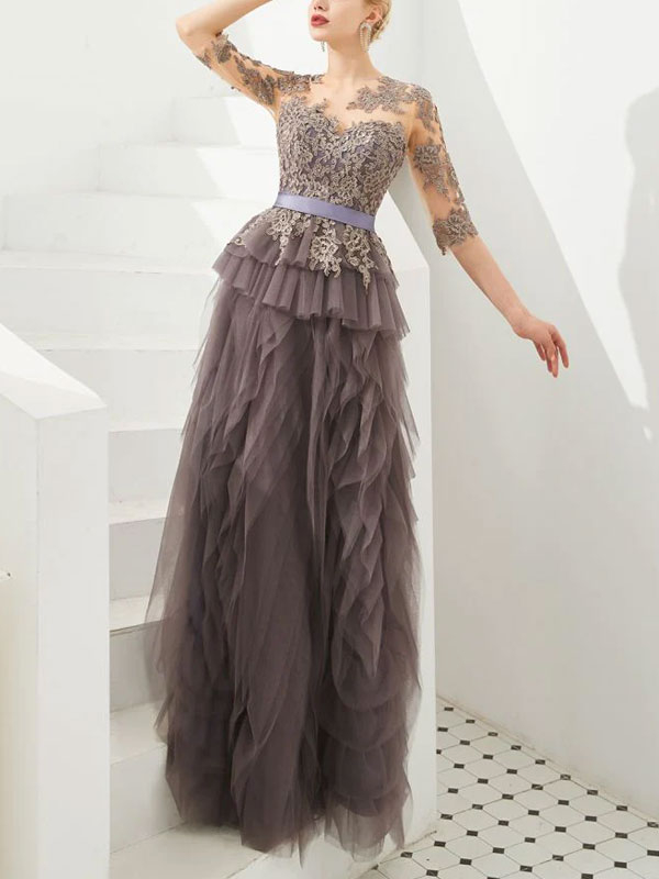 Half Sleeves Floral lace Prom Dress Fur Floor Length Evening Party Dress
