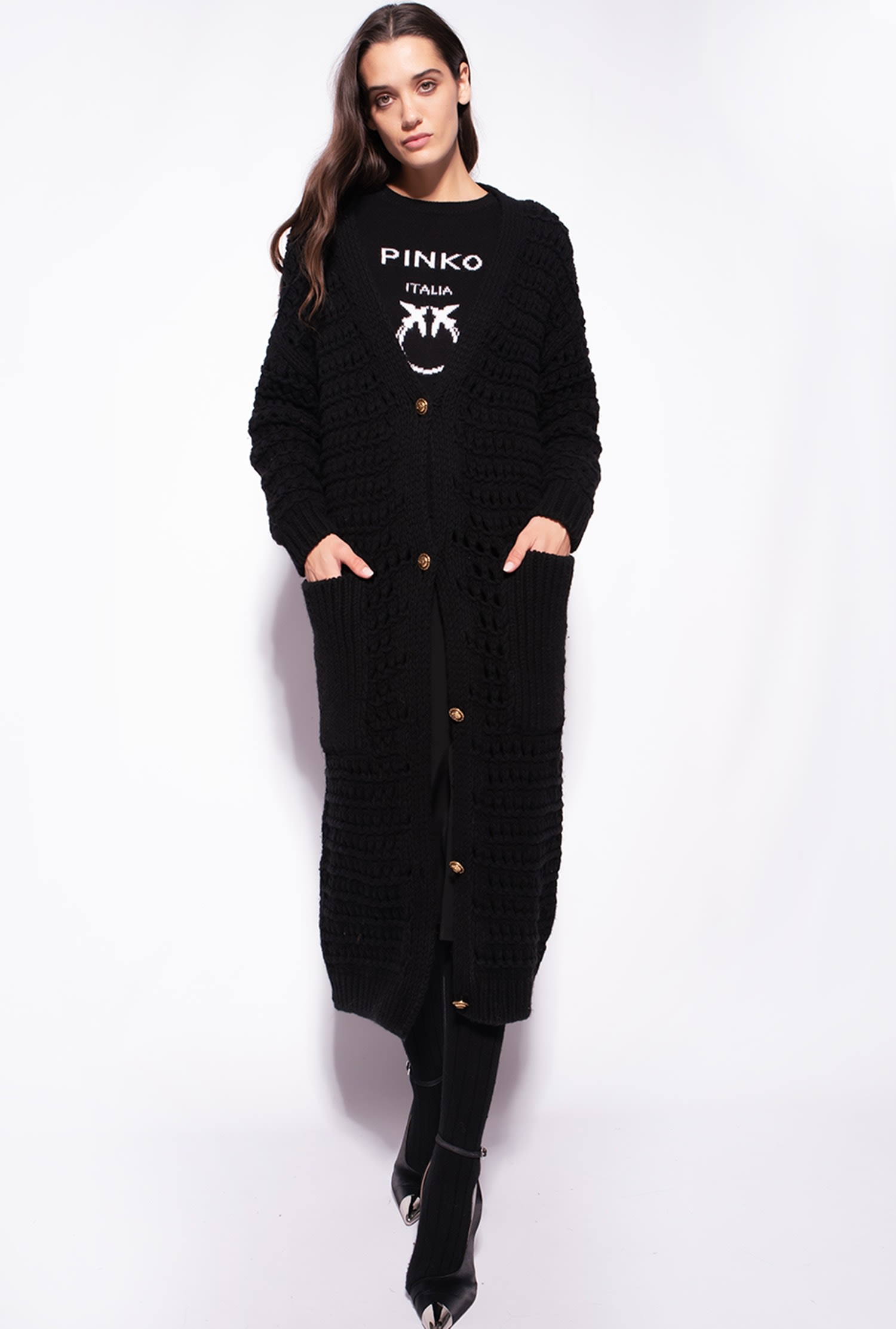 Mesh-stitched maxi cardigan