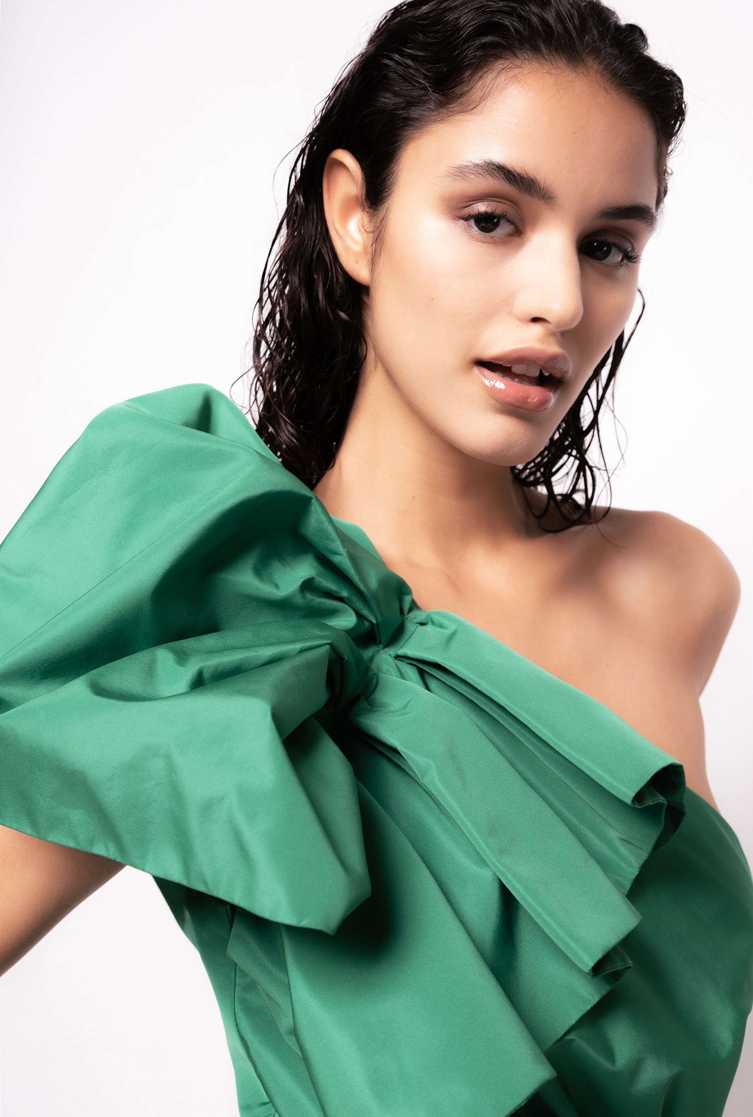 One-shoulder taffeta mini dress