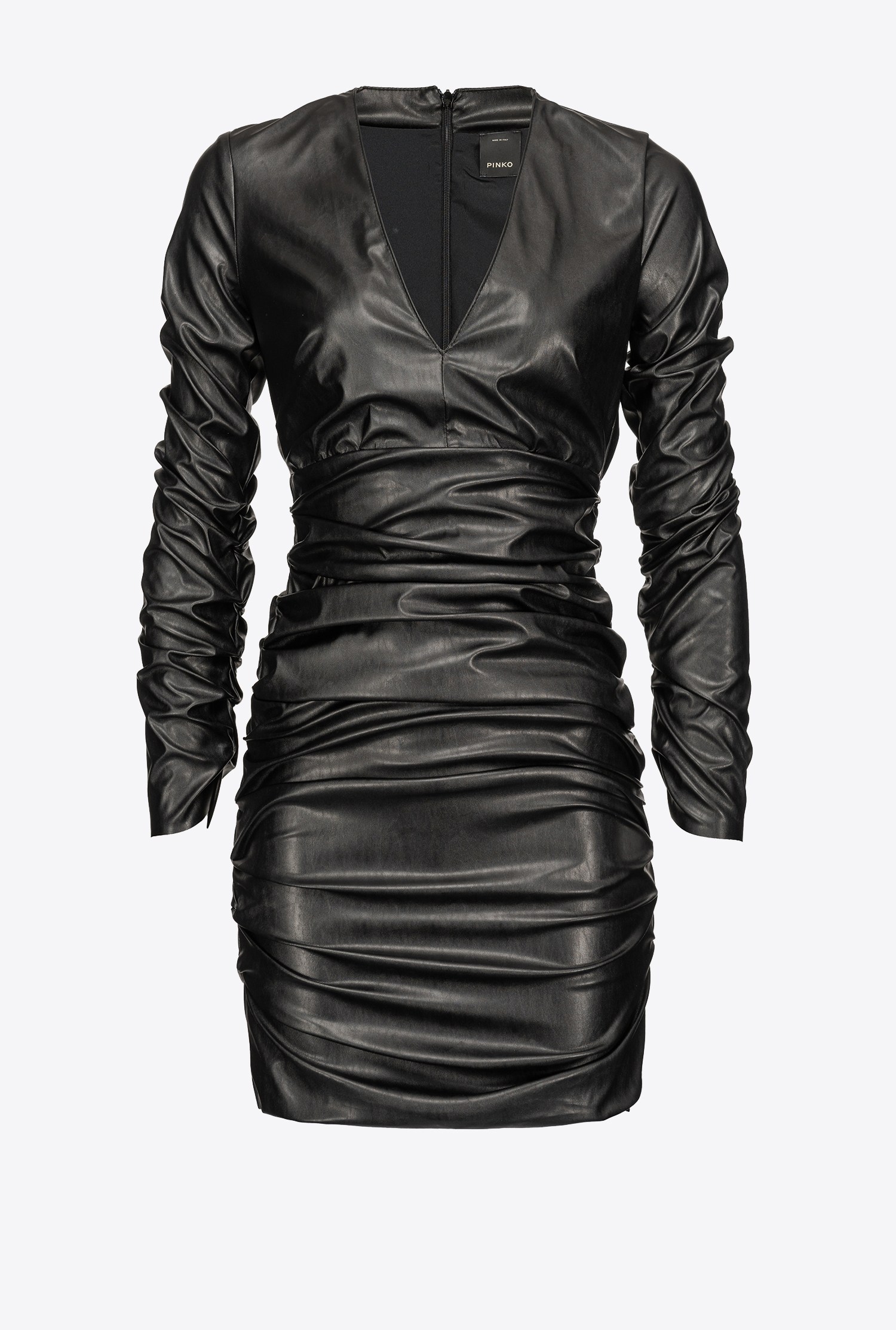 Leather-effect mini dress with gathering