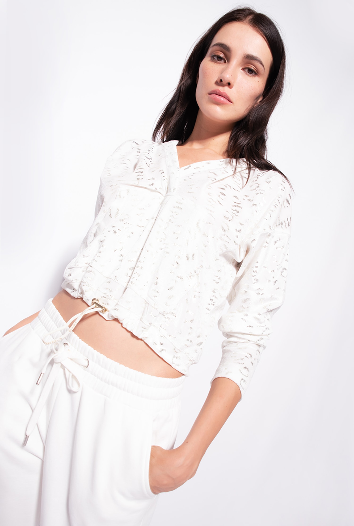 Chenille sweatshirt with laminated spots