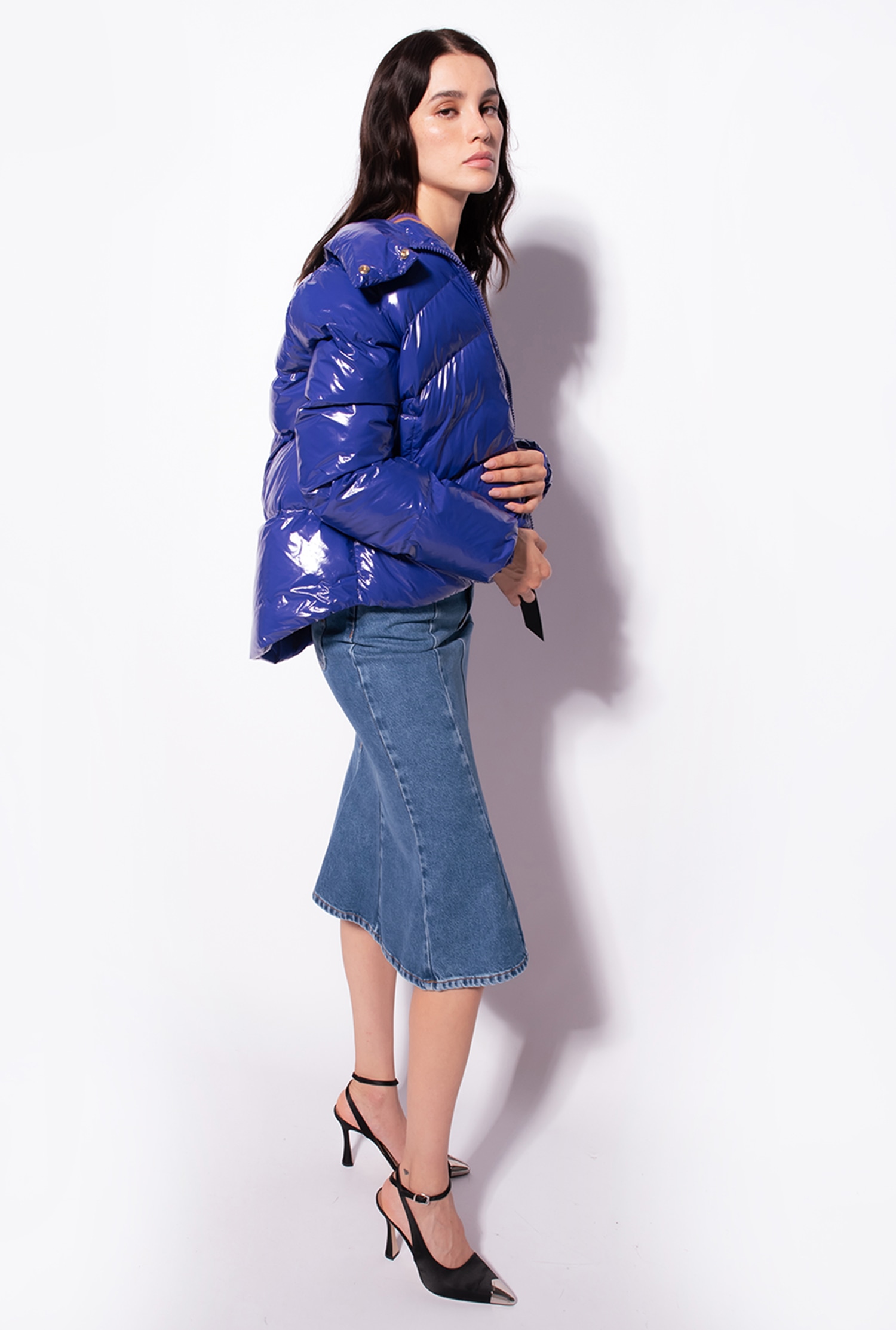 Padded crystal nylon pea jacket