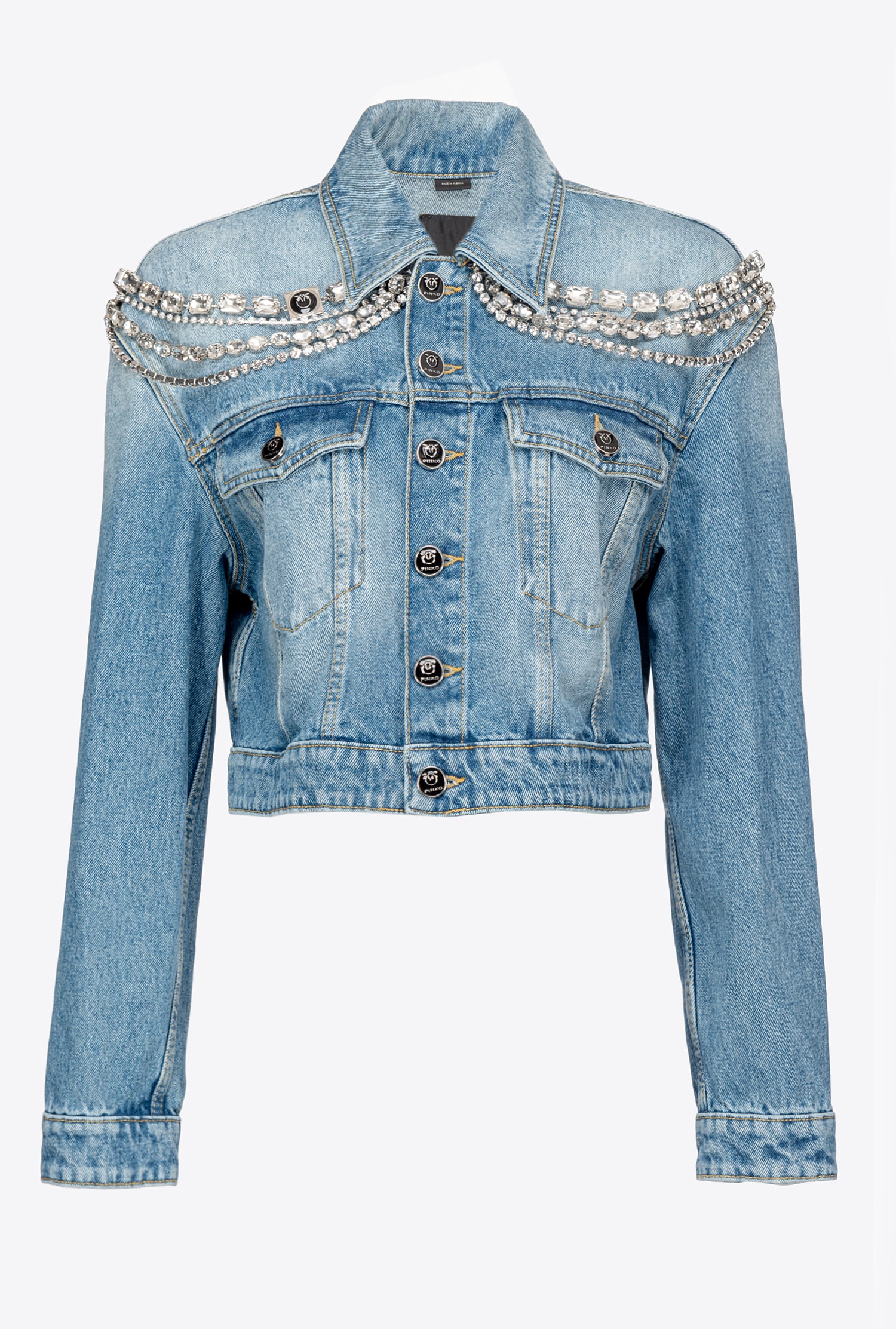 Denim jacket with jewel chains