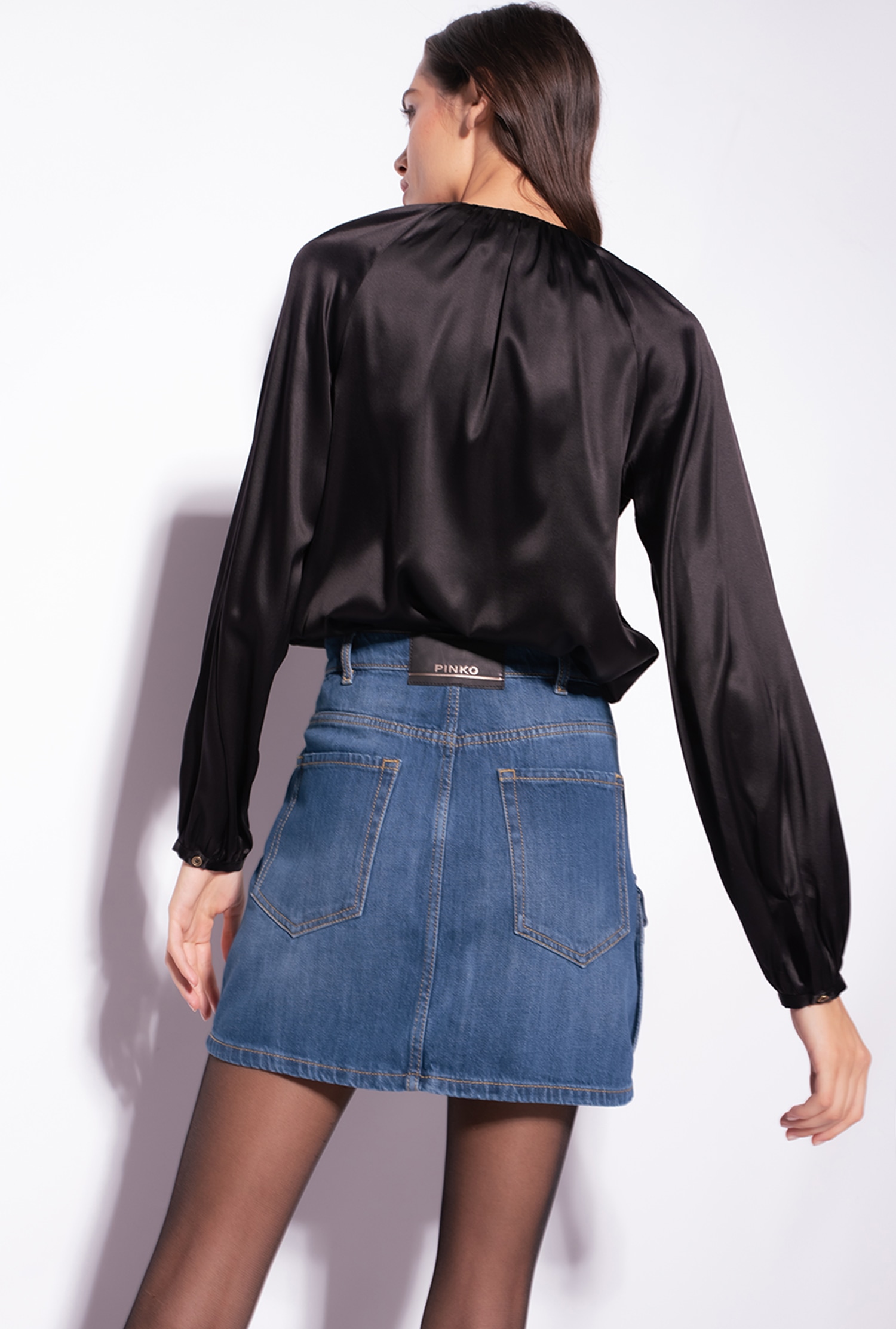 Long-sleeved stretch satin blouse