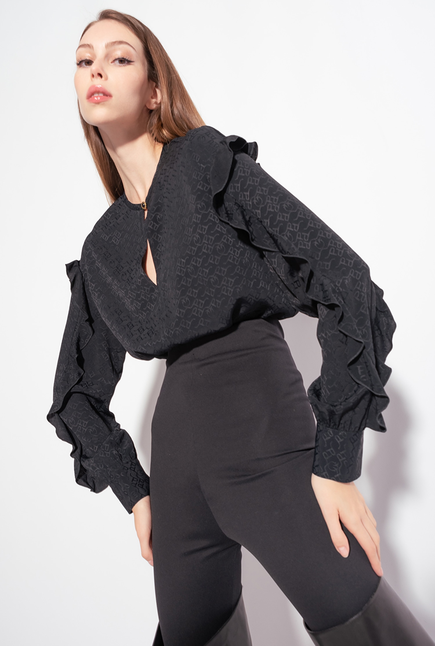 Silk jacquard blouse with logo