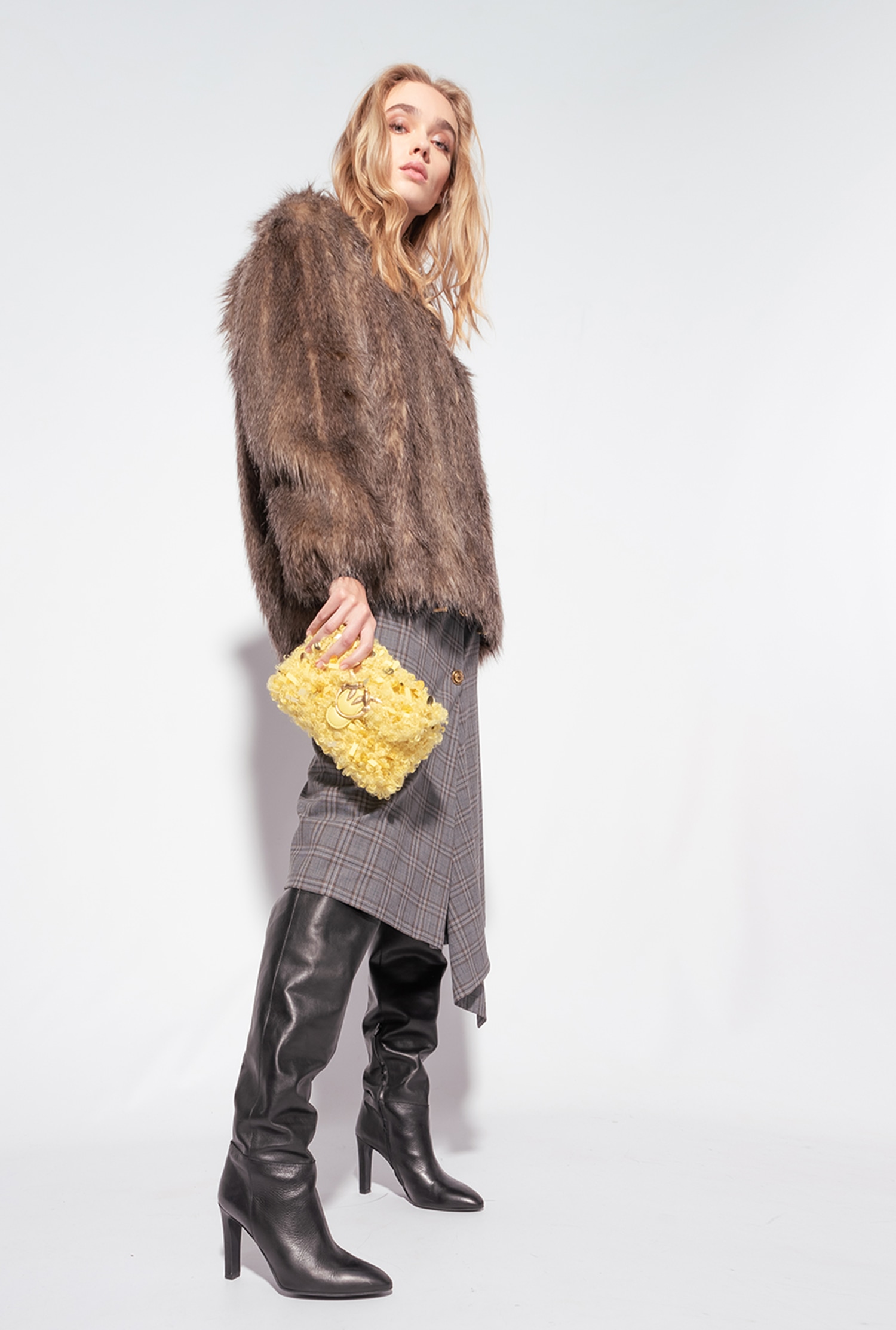 Calf-length check skirt