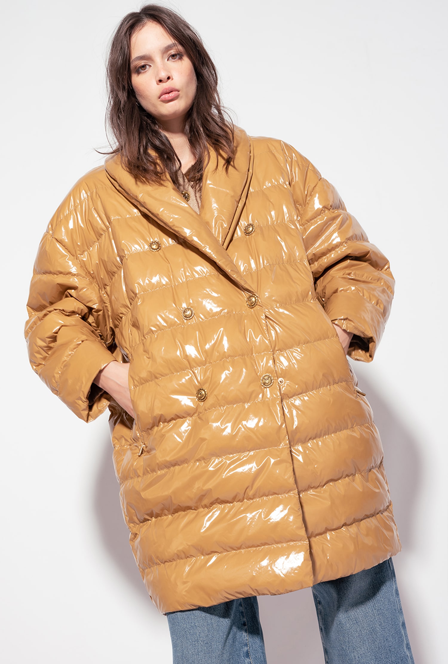 Padded crystal nylon double-breasted jacket