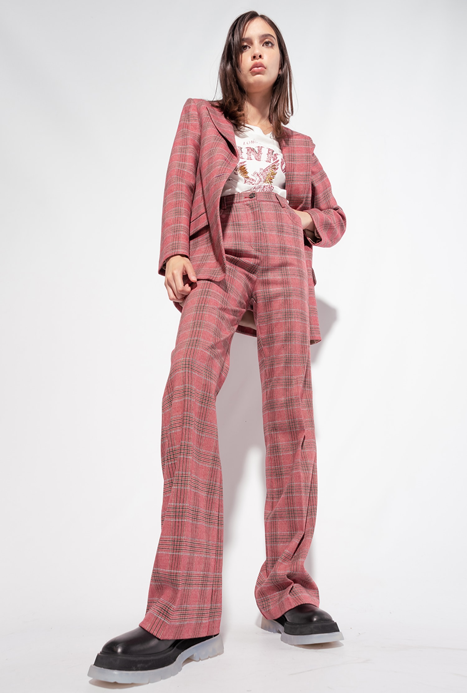 Flared Prince-of-Wales flannel trousers
