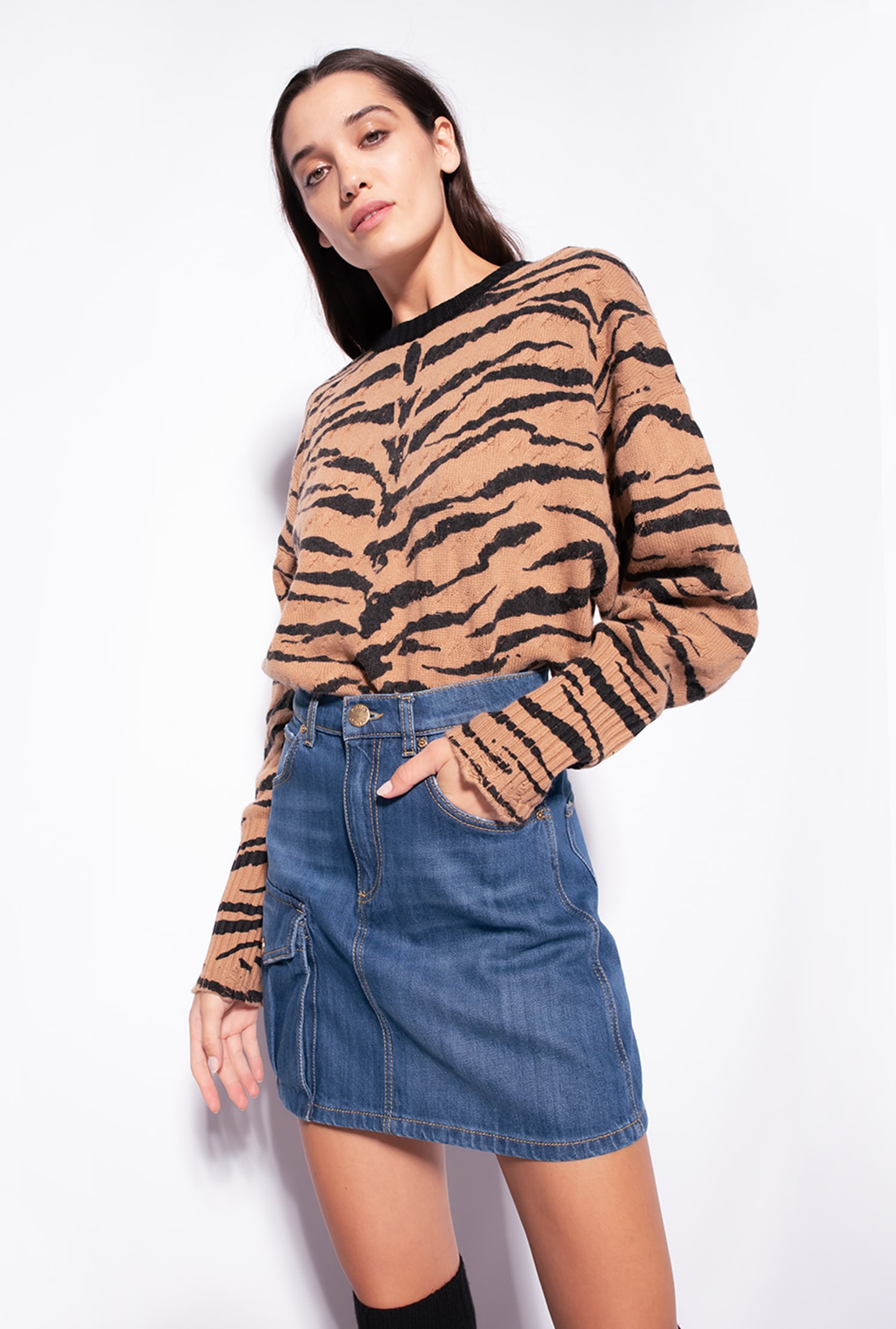 Cargo-style denim mini skirt