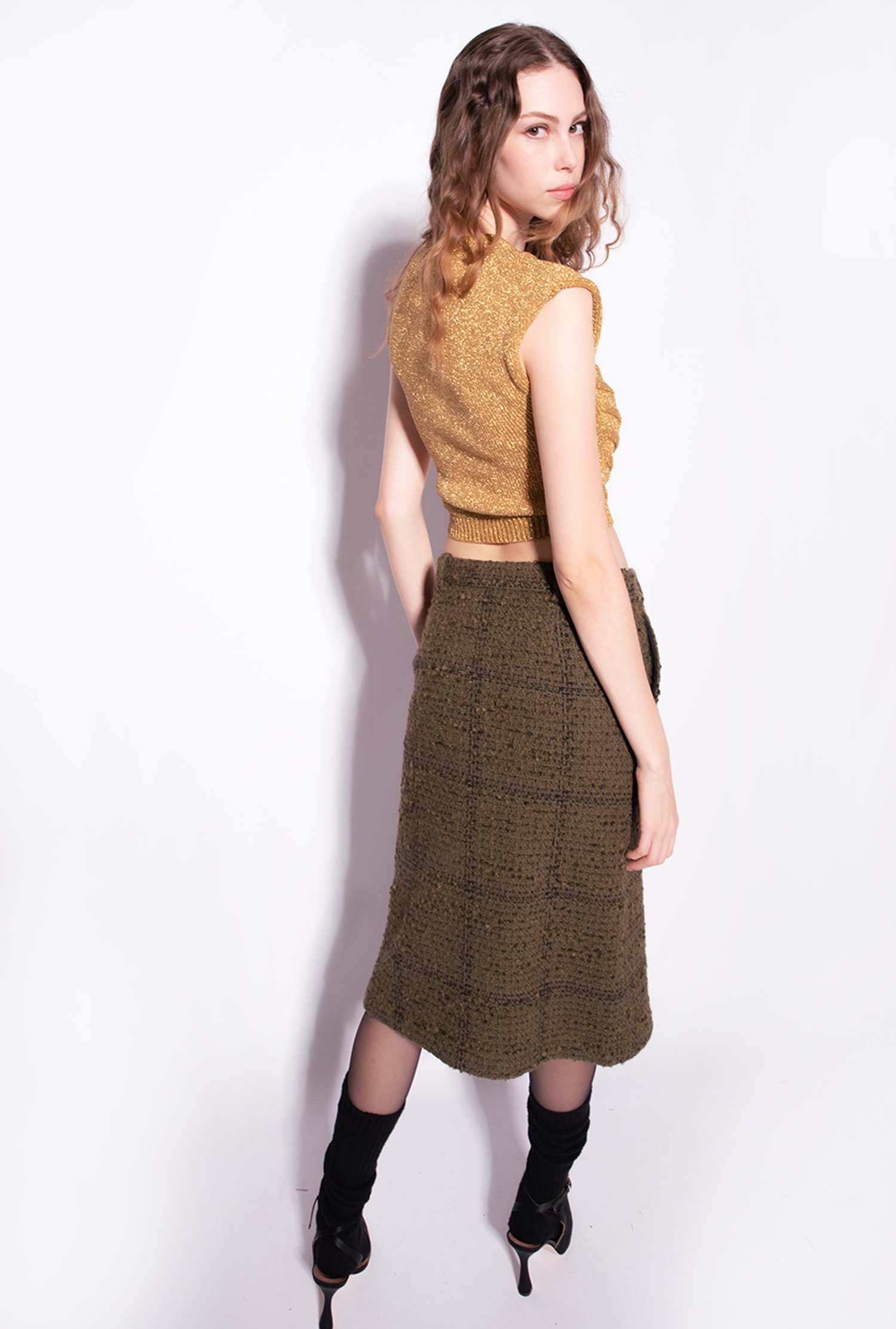 Bouclé midi skirt with check pattern