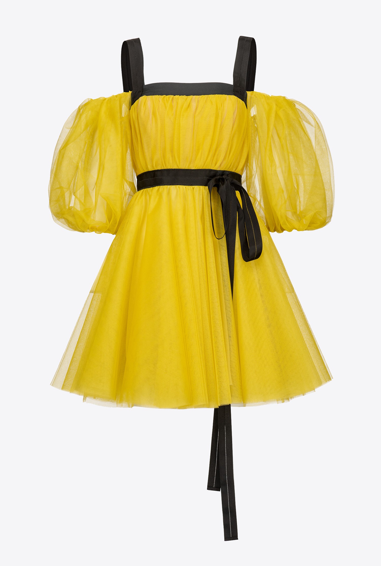 Short balloon-sleeved dress in non-stretch tulle