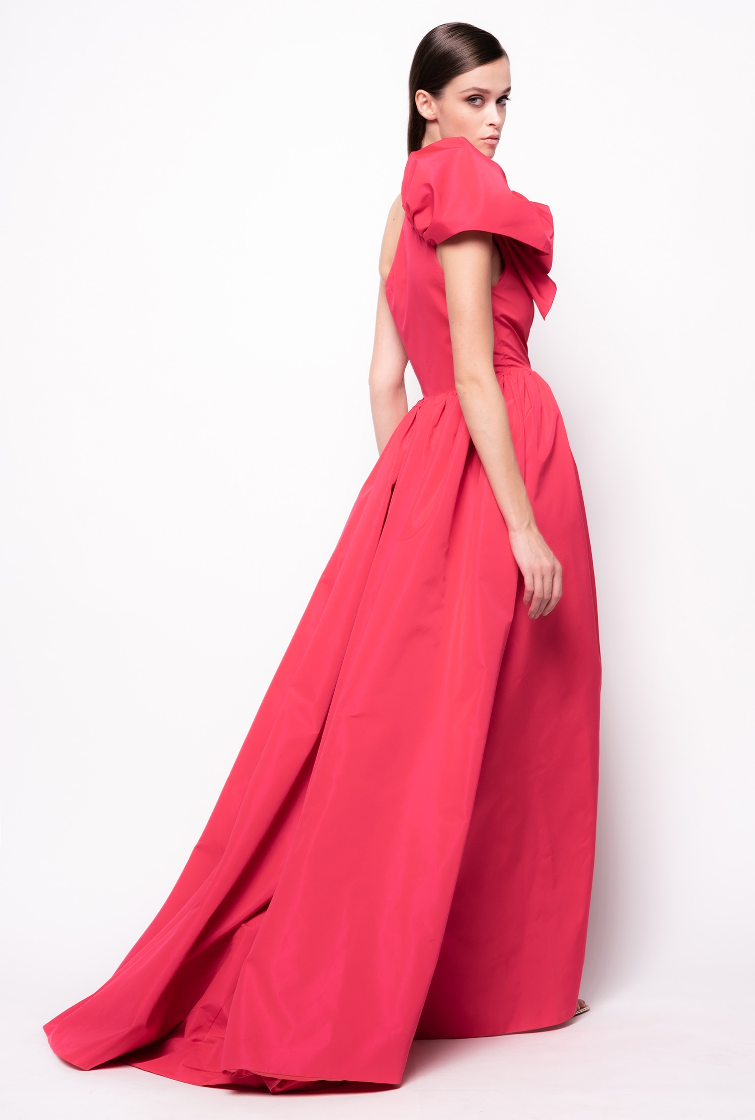 Long one-shoulder taffeta dress