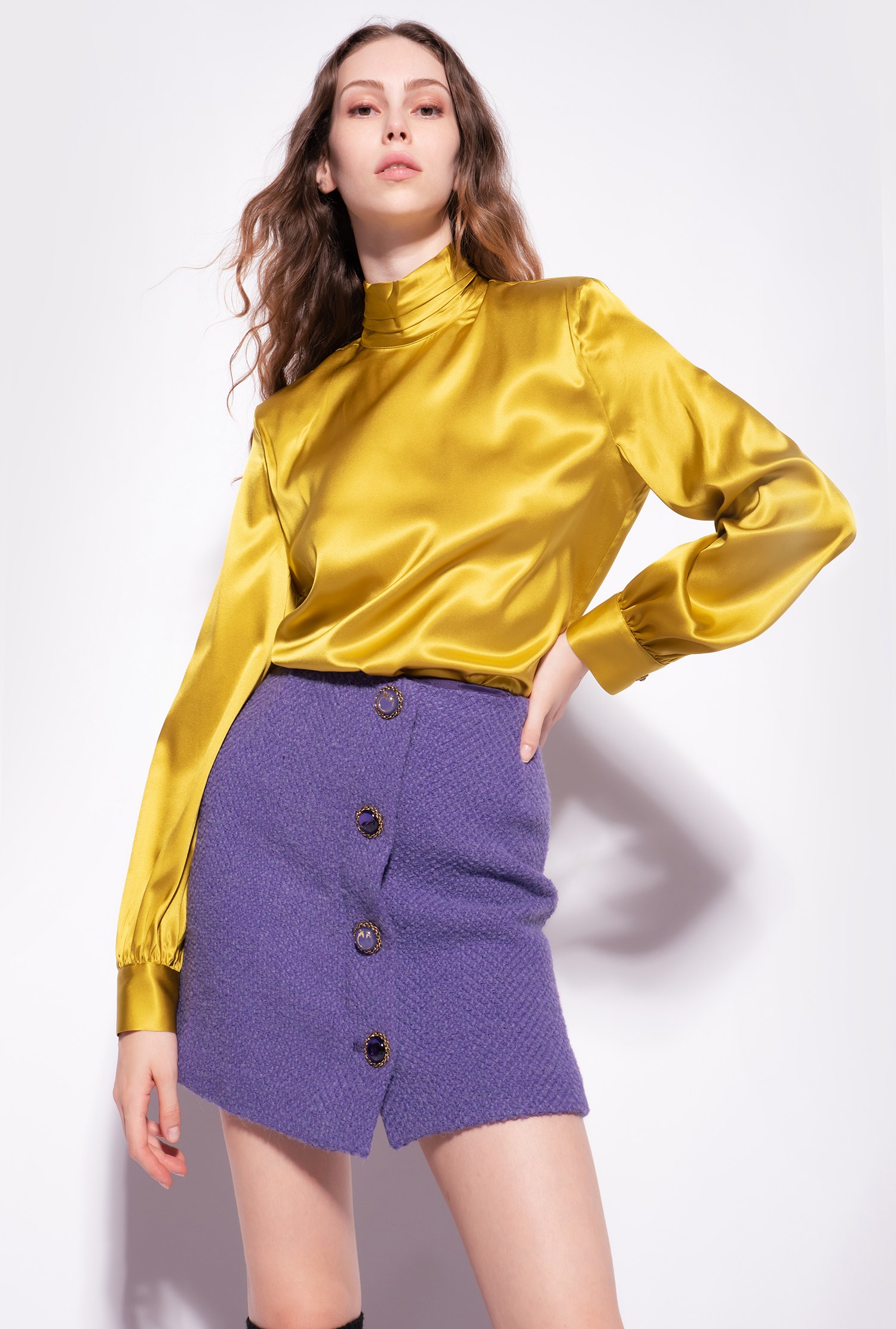 Stretch satin turtleneck blouse