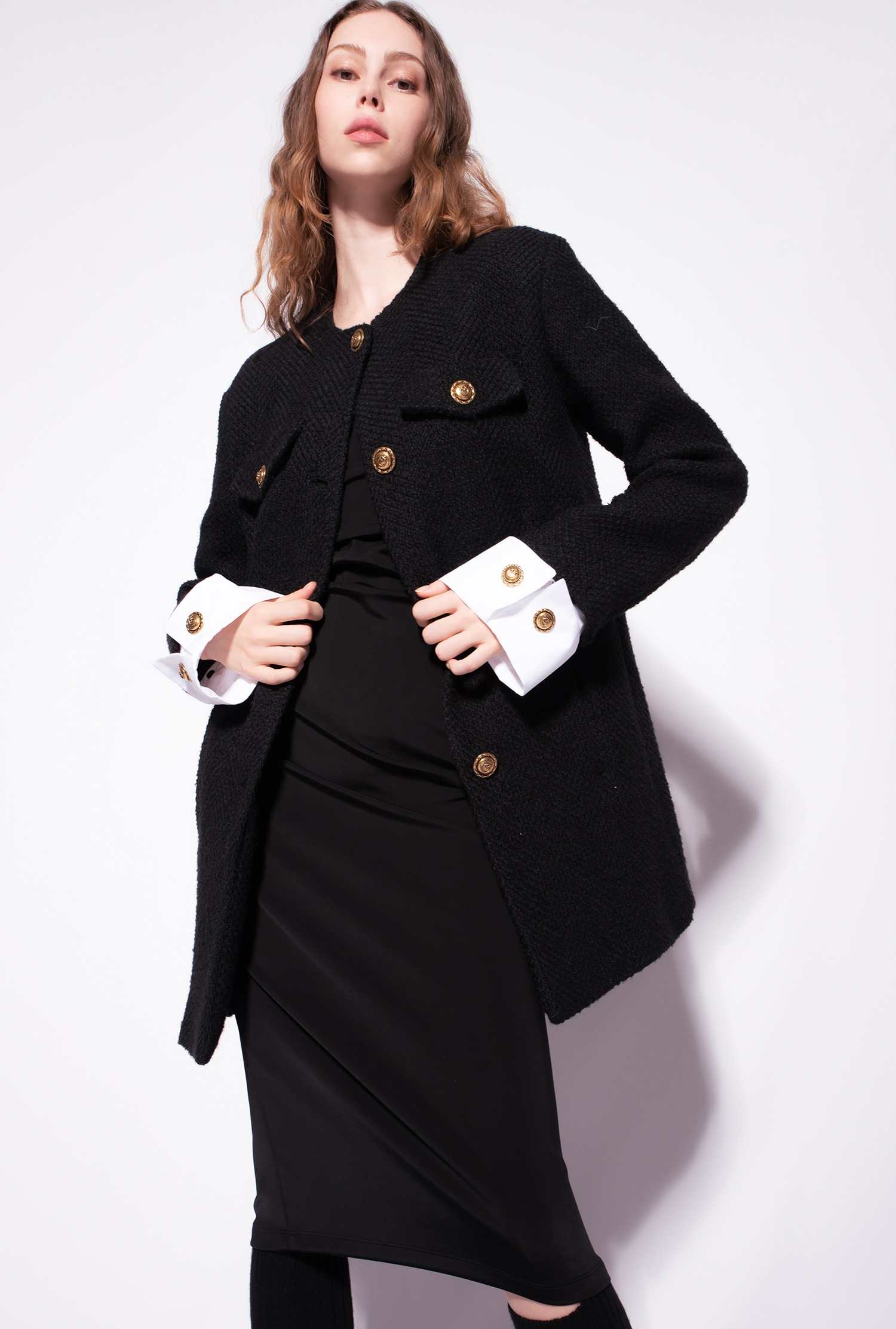 Bouclé pea coat with cuffs