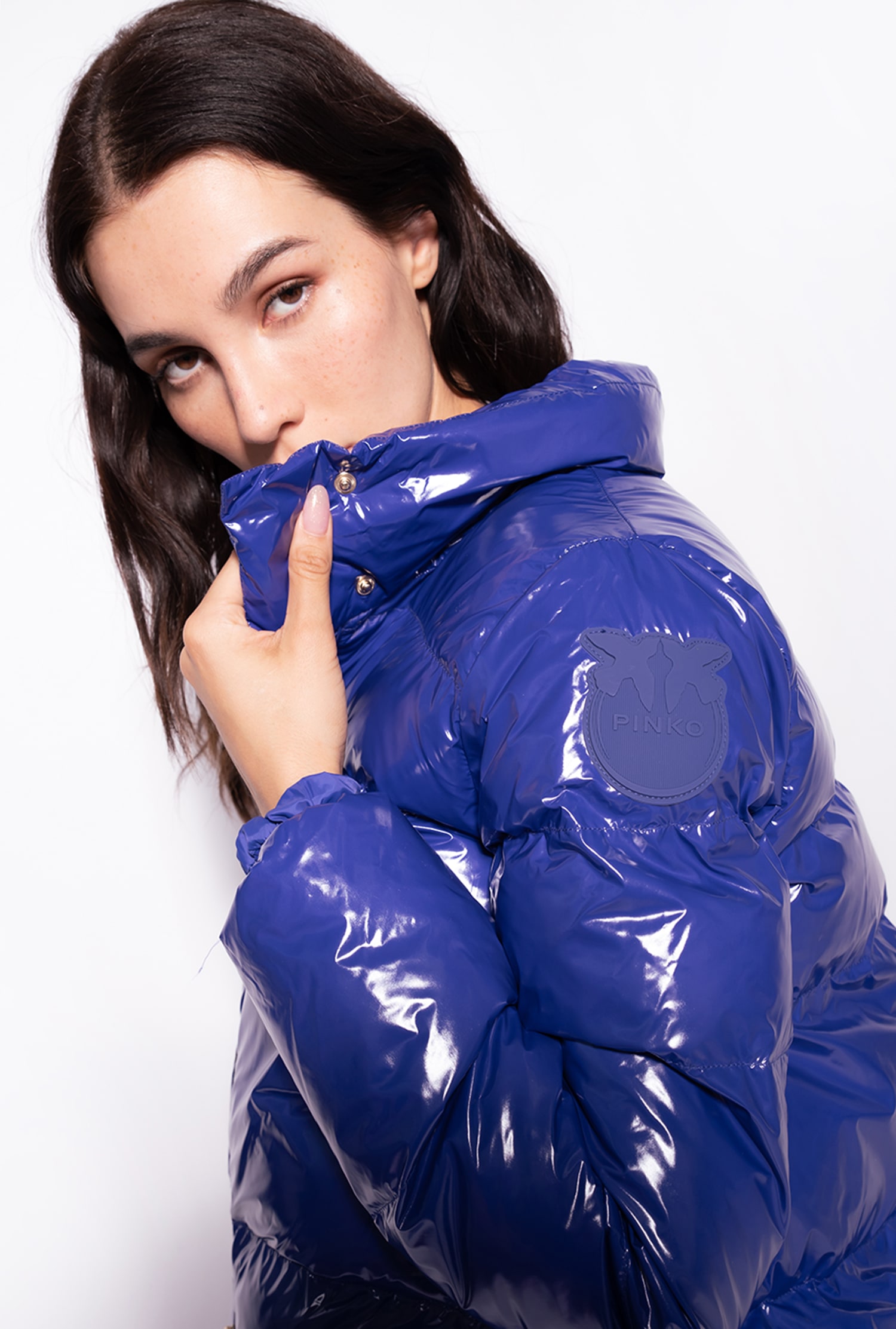 Padded crystal nylon pea jacket