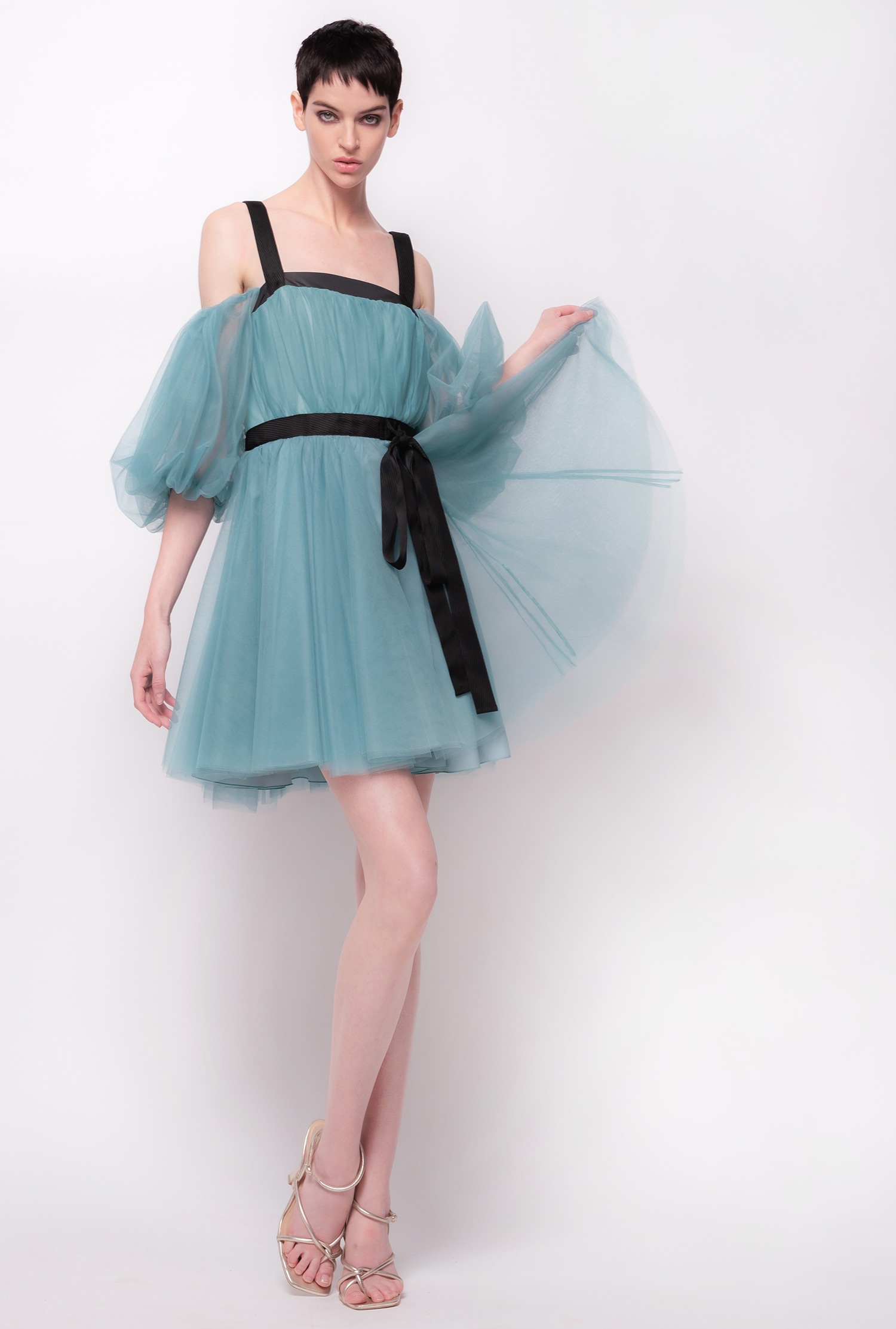 Tulle mini dress with balloon sleeves