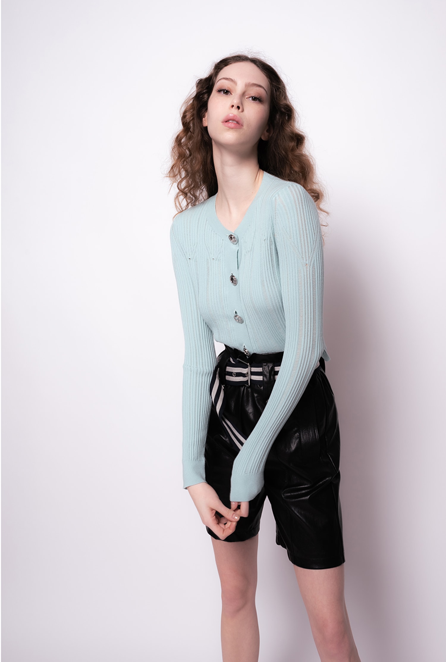 Leather-effect Bermuda shorts with striped belt