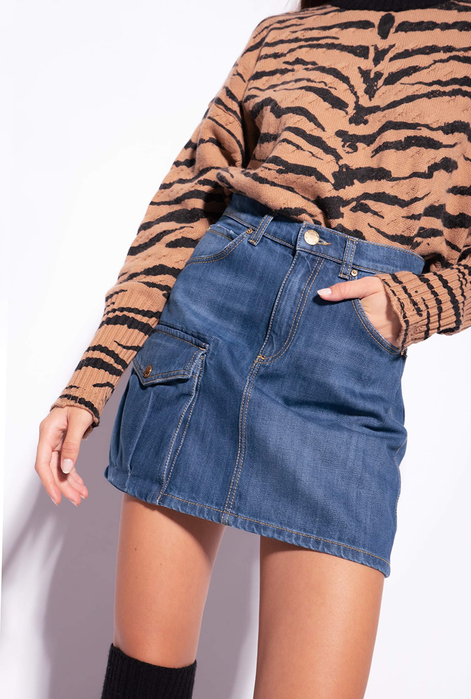 Cargo-style denim mini skirt