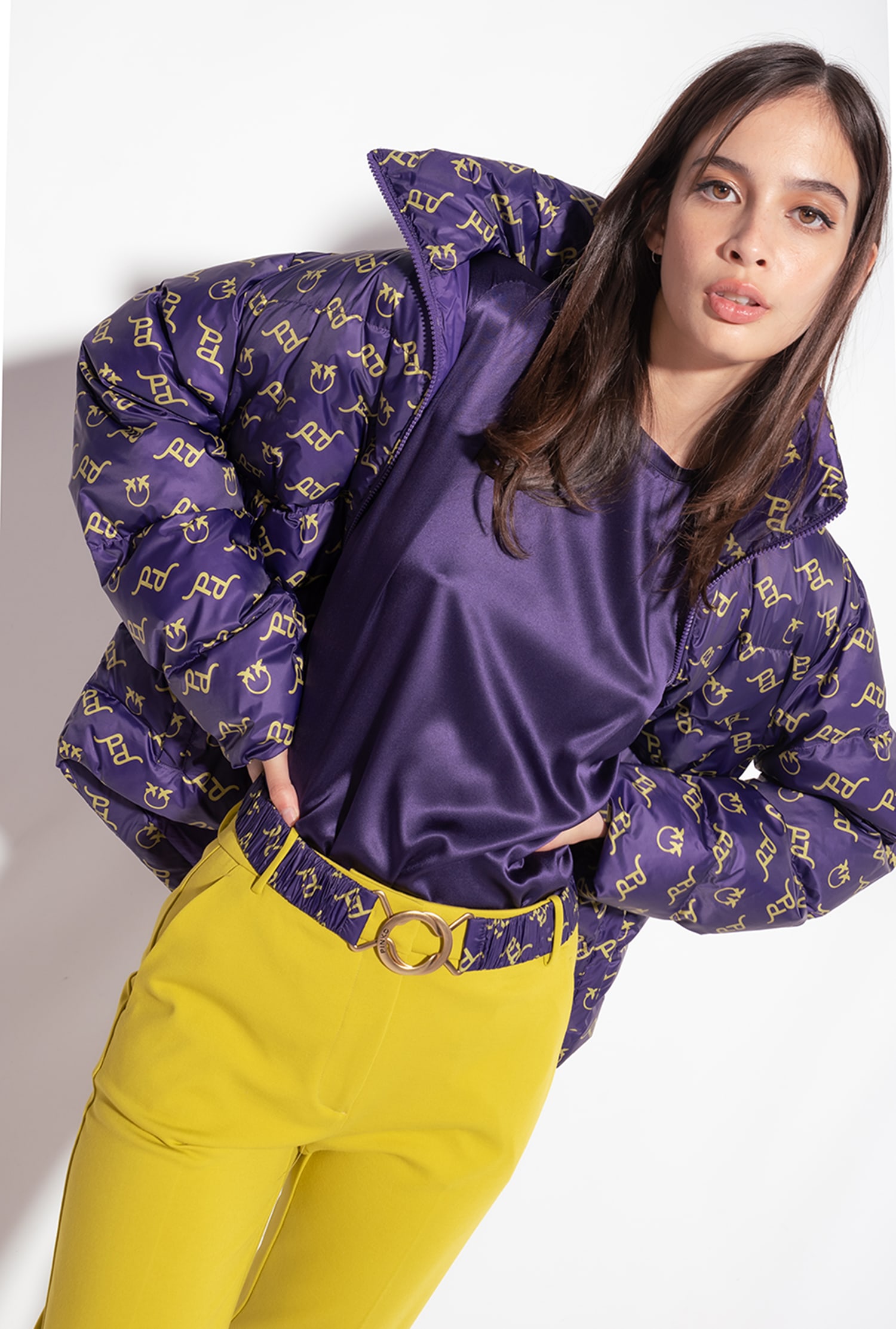 Logo print down jacket with belt